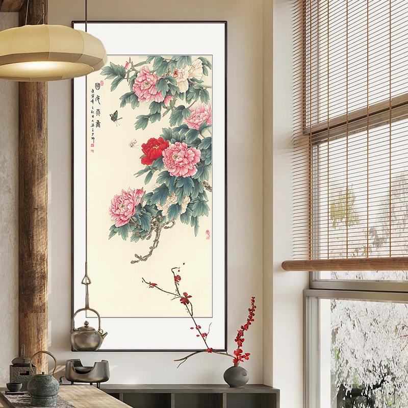 花开富贵写意工笔牡丹竖幅玄关走廊过道装饰画国画花鸟画成品带框