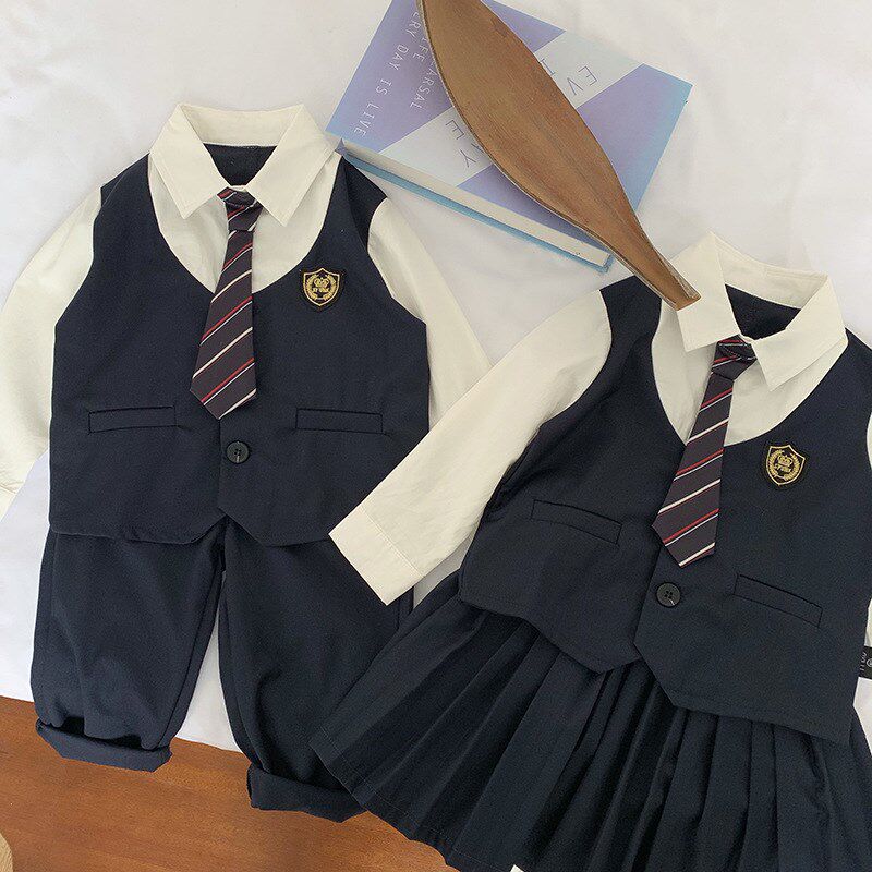 儿童装学院风假两件长袖衬衫套装春季男女童JK制服时髦礼服百褶裙