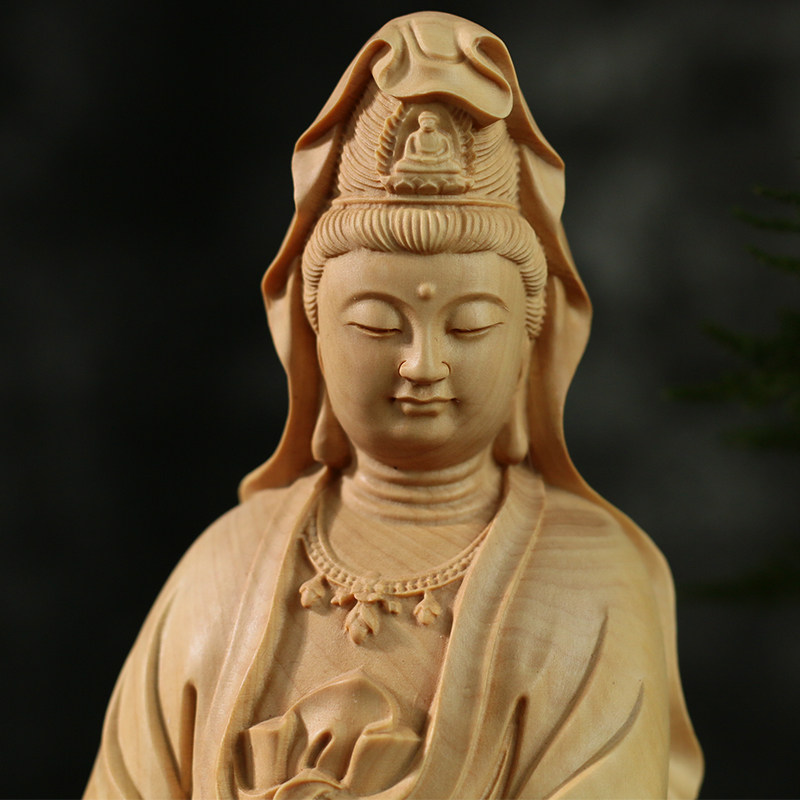 小叶黄杨木雕刻摆件拿珠观音家用饰品供奉实木工艺品贴金佛像菩萨
