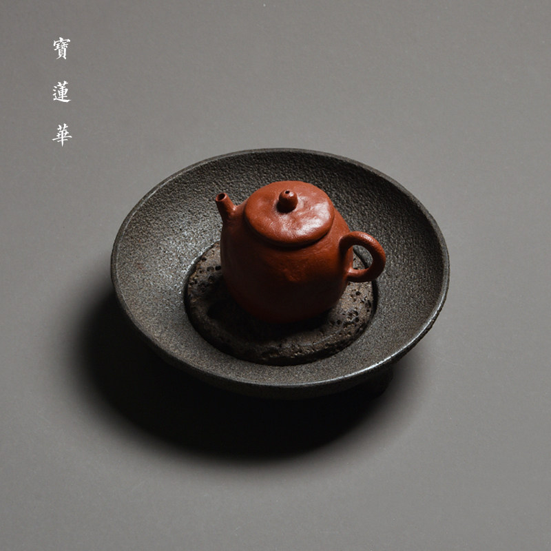 三足圆钵玄武岩火山石垫壶承 手工石雕茶托茶台干泡茶盘 养壶托盘
