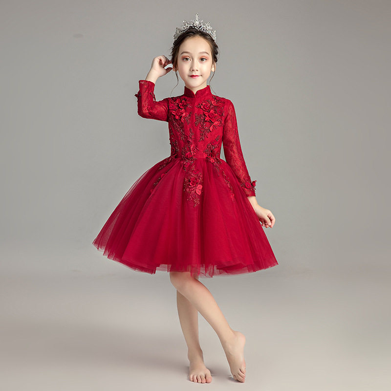 女童生日公主裙酒红色长袖晚礼服蓬蓬纱儿童钢琴演出服婚纱裙花童