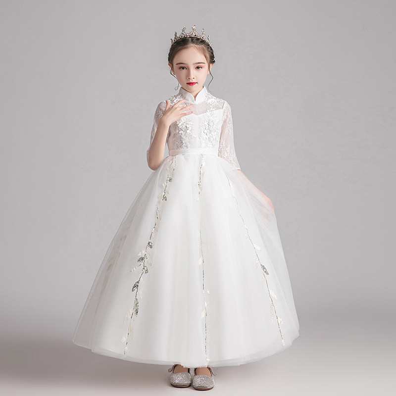 小花童礼服女童公主裙白色高端主持人长袖儿童钢琴演出服表演长版