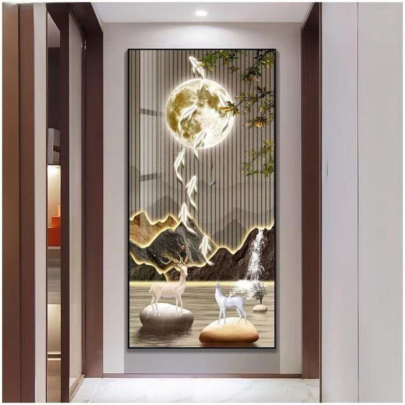 九鱼聚财轻奢高级感入户玄关装饰画正对门走廊走道灯画LED大白墙