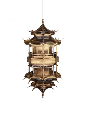 新中式镜像倒影古铜色八角塔凉亭工艺品样板房软装饰品电视柜摆件
