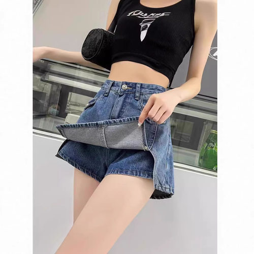 高腰牛仔短裤女裤裙辣妹2025年春夏季新款复古显瘦假两件热裤子潮