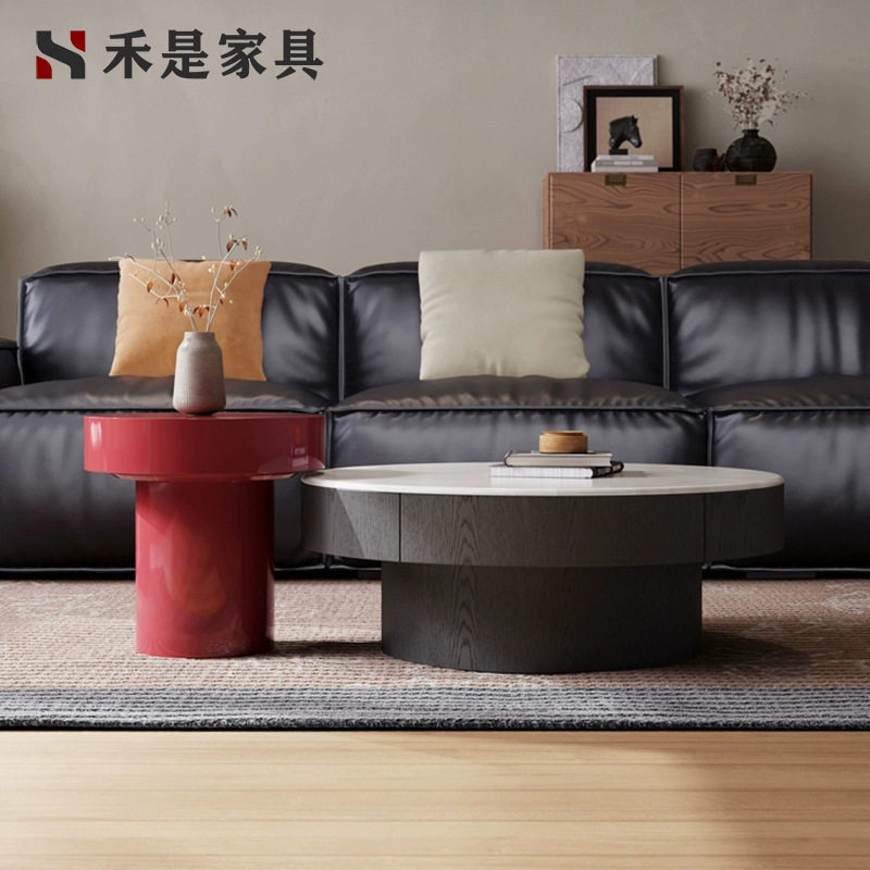 意式极简客厅家用小户型烤漆微晶石圆茶几组合设计师创意简约新款