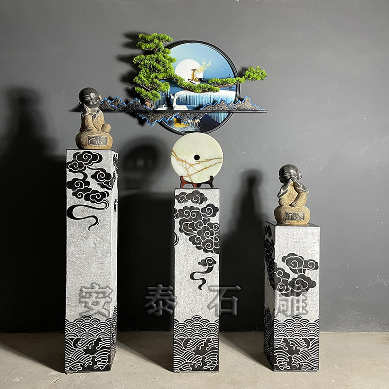 石雕祥云展示柱小沙弥天然青石新中式仿古拴马桩花架玄关室内摆件