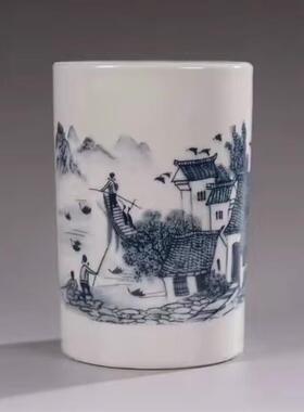仿古清光绪年制粉彩山水笔筒古玩摆件老瓷器旧货古玩书房办公桌