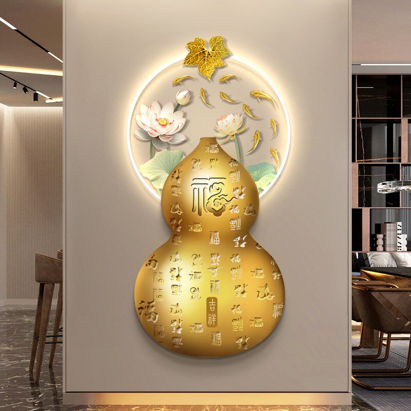 新中式玄关发光装饰画百福图葫芦进门正对墙挂画九鱼图LED灯壁画