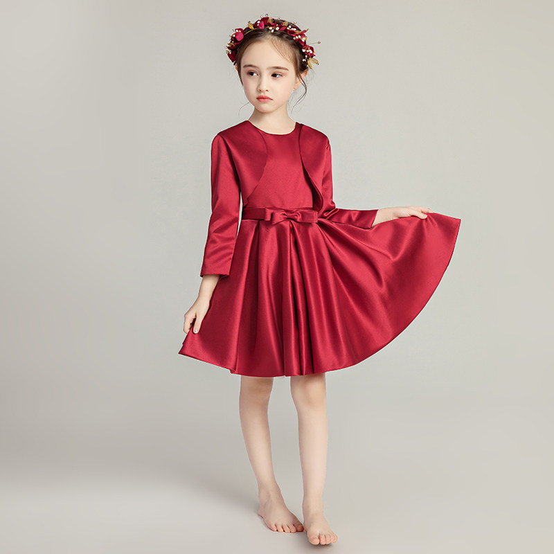 儿童晚礼服公主裙女童晚宴花童礼裙酒红色长袖主持人钢琴演出服秋