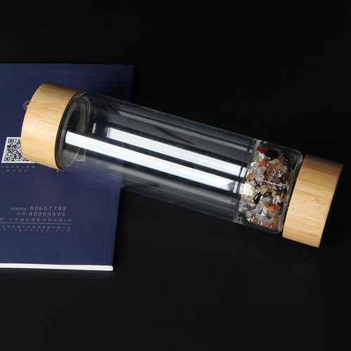 竹盖子大口大容量天然水晶能量杯水瓶水樽玻璃杯带盖宝石碎石定制