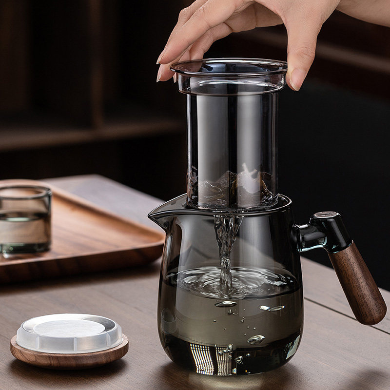 泡茶壶全玻璃内胆侧把胡桃木加厚家用茶水分离花绿红茶泡茶杯单壶