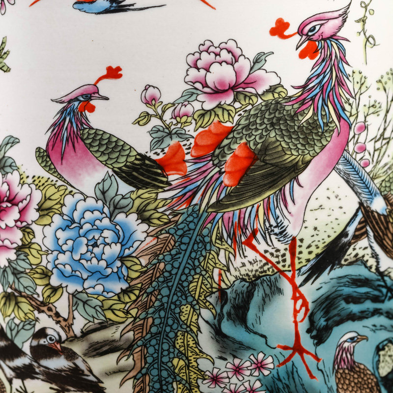 景德镇陶瓷器粉彩仿古中式百鸟朝凤落地玄关花瓶家居客厅工艺摆件