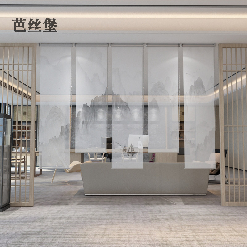 卷帘窗帘升降挂帘子软隔断屏风帘拉帘客厅卧室新中式山水画办公室