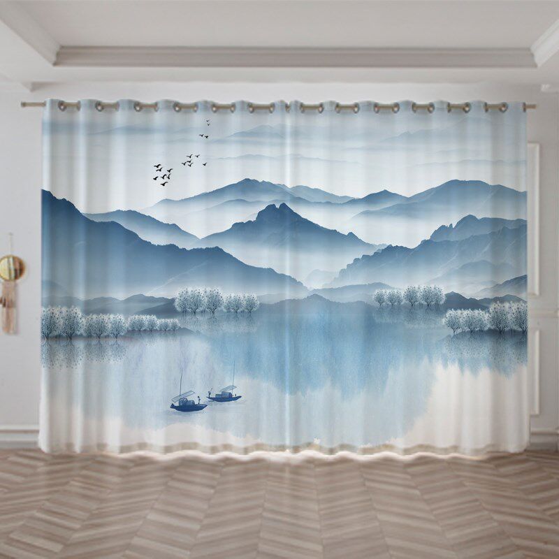 2025新中式山水聚财风景水墨画 画客厅书房卧室办公室隔断窗窗帘