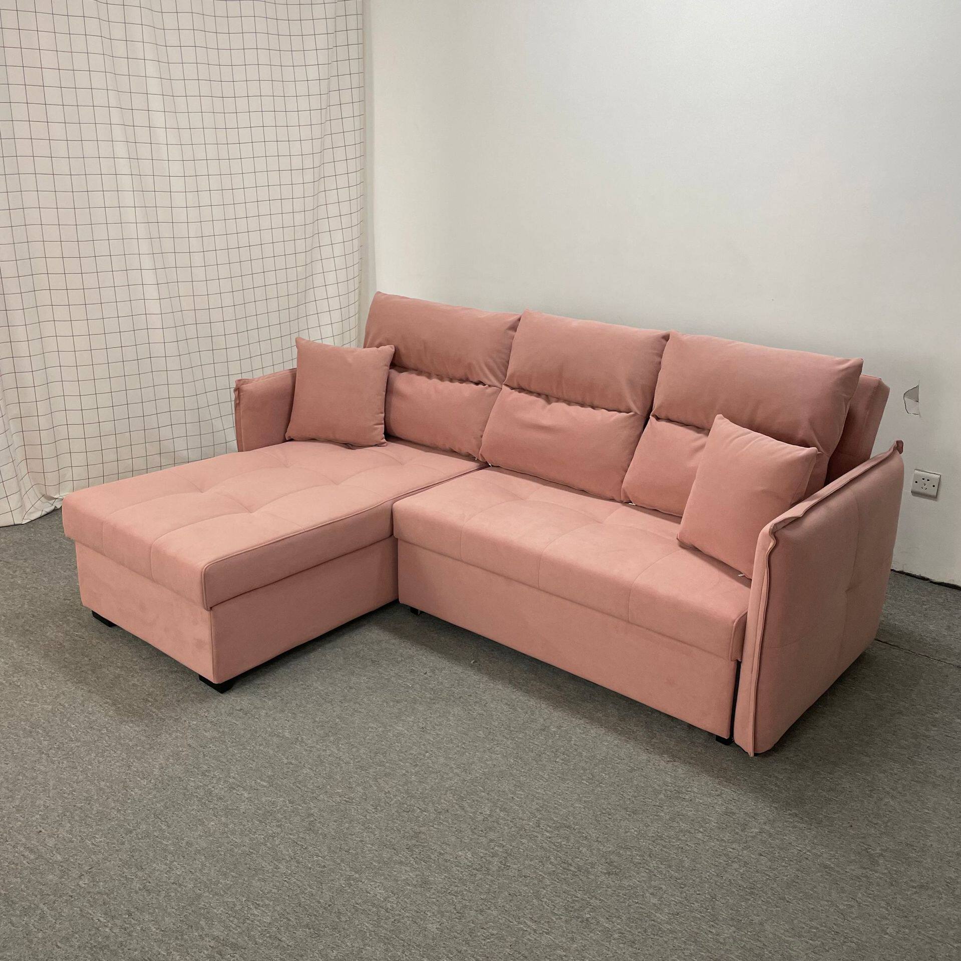 布艺款科技绒粉色可拆洗设计  组合款多功能折叠可储物沙发床两用