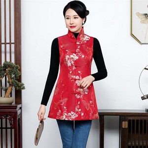 红色中国风旗袍上衣女士唐装春秋装中式背心马夹马甲外套过年服装