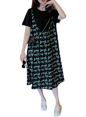 碎花连衣裙女2022年夏季新款女装小清新绿色吊带拼接雪纺假两件裙