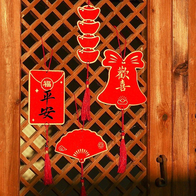 燃灯新款国风描金万年红小挂件福卡斗方挂饰新年祝愿卡片红色卡纸