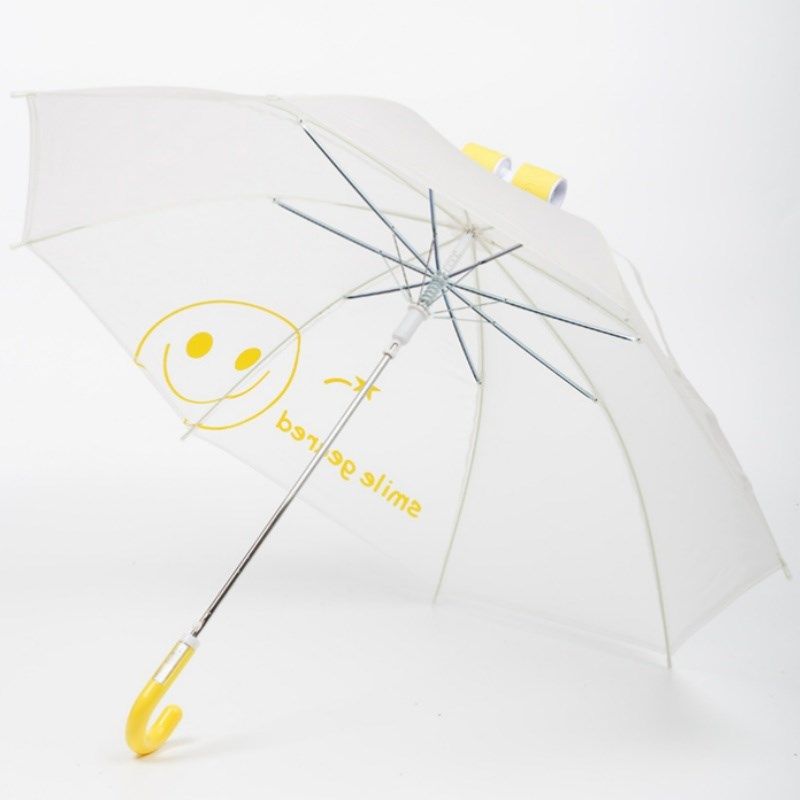 儿童雨伞创意滚轮可爱透明笑脸雨伞小孩直柄幼儿园小学生长柄伞