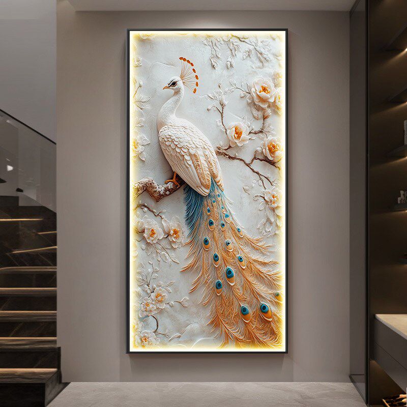 孔雀轻奢玄关装饰画浮雕立体高级感入户进门挂画走廊过道墙壁灯画