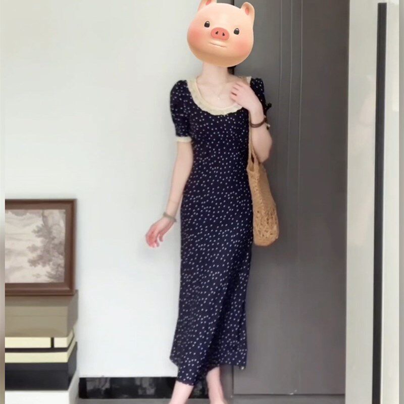 XZY/欣争艳 胖mm茶歇气质U领花边波点连衣裙女夏季显瘦法式长裙子