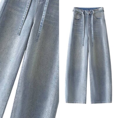 【玉米专享】美式复古设计感烫钻牛仔裤宽松显瘦阔腿拖地裤1021
