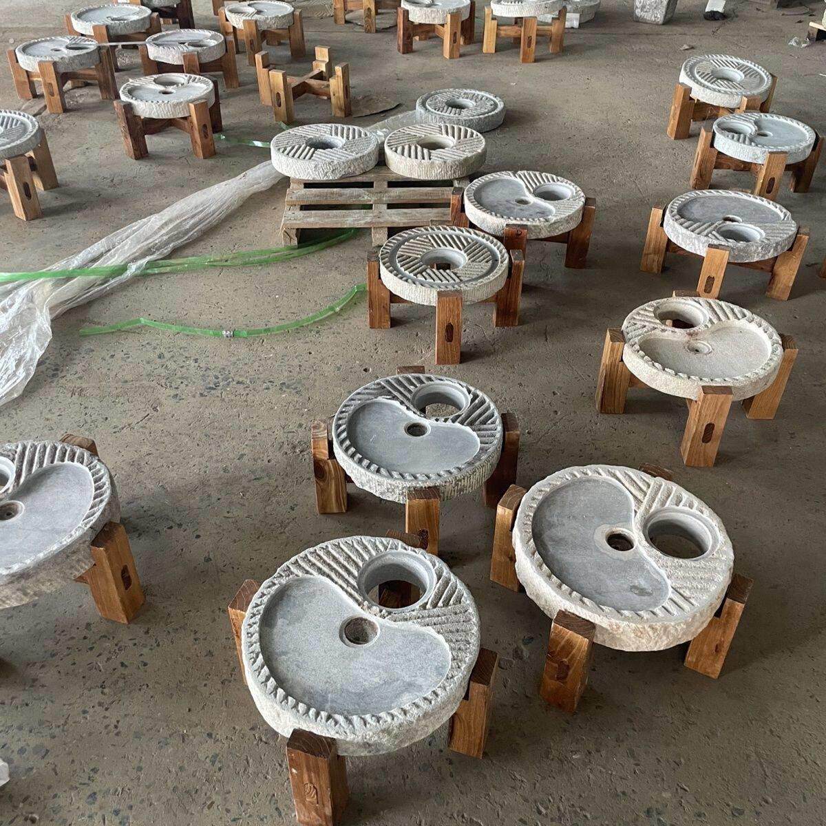 户外石头茶台茶炉两用老石磨煮茶炉磨盘茶炉手工雕刻老石臼煮茶炉