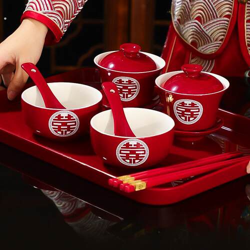 婚礼陪嫁红色喜碗筷婚庆改口敬酒茶具结婚敬茶杯套装喜字杯子一对