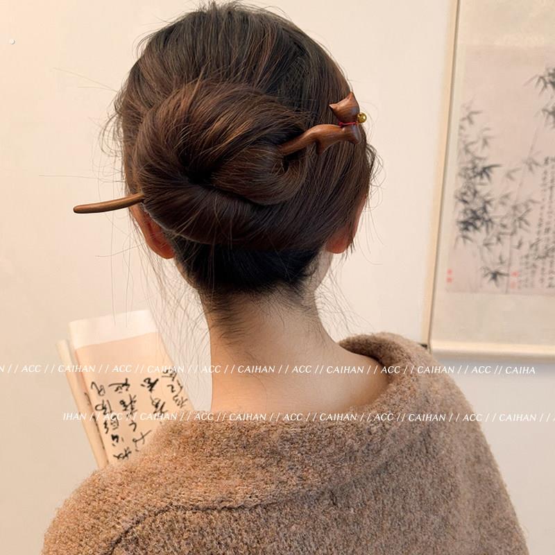 古典铃铛猫木质步摇发钗女简约复古盘发簪子古装汉服旗袍发簪头饰