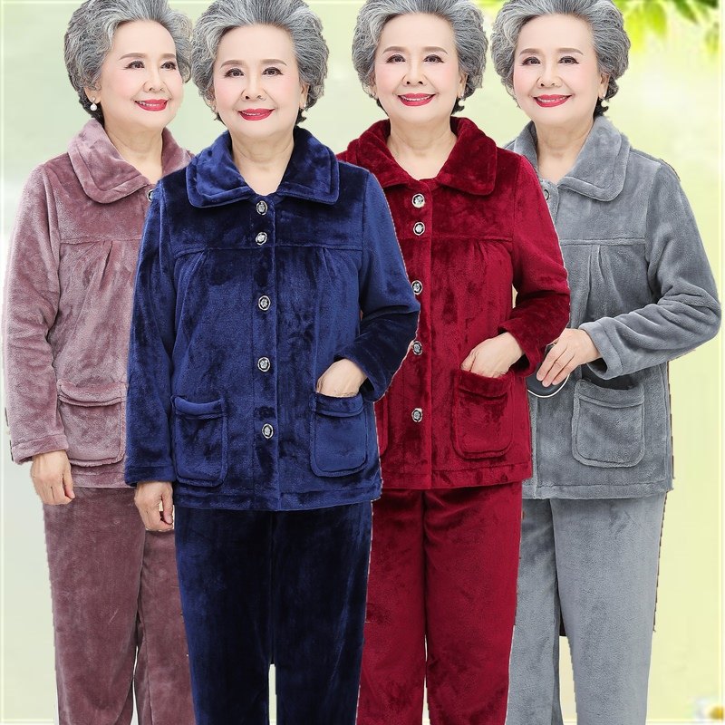 中老年女装奶奶装睡衣妈妈装秋装法兰绒保暖长袖加绒加厚居家套装