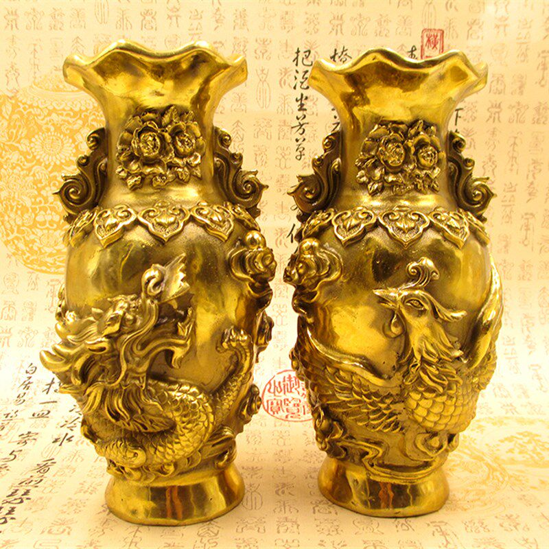 纯铜龙凤花瓶摆件一对大号仿古花瓶工艺品家居办公室客厅装饰摆设