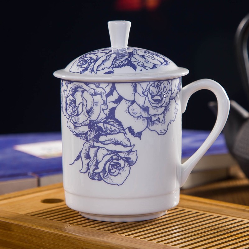 景德镇陶瓷茶杯带盖骨瓷水杯 青花瓷会议礼品办公茶杯包邮
