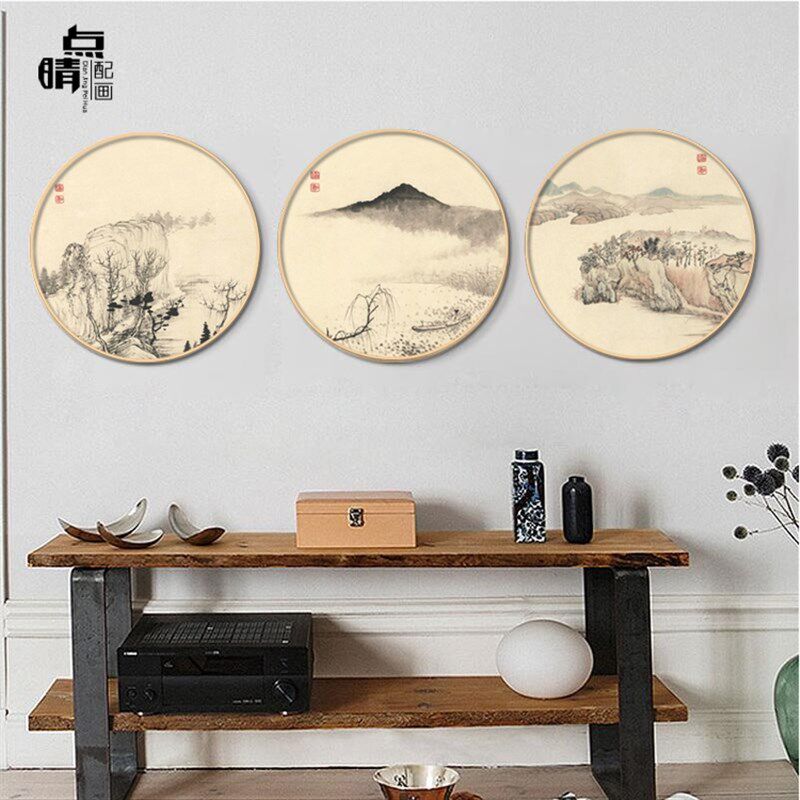网红新中式圆形国画框装饰画禅意玄关山水水墨客厅实木挂画中国风