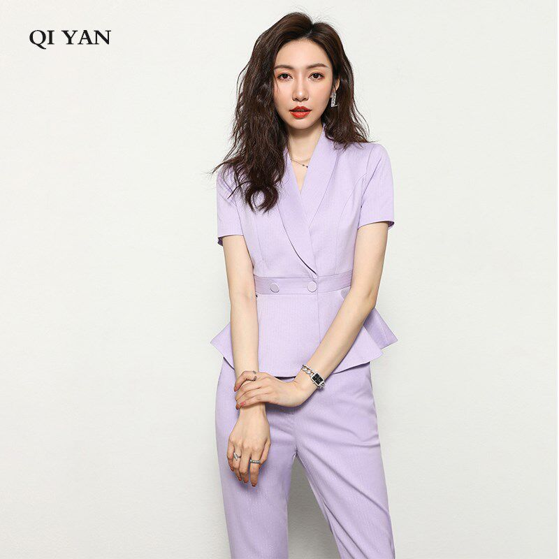 西装套装女2025夏季新款时尚短袖套裙正装紫色西服外套正装工作服
