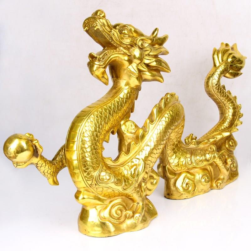 朴器 铜汉龙摆件鎏金色铜龙摆件 铜生肖龙一对 对龙