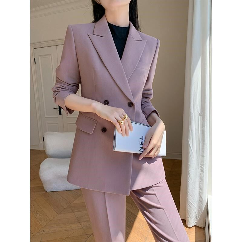 紫色休闲西装套装女2025新款春秋款高级感阔腿裤职业正装西服外套
