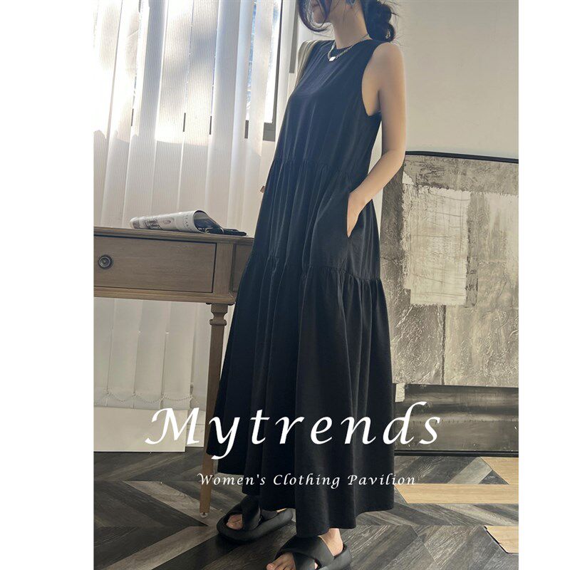 黑色背心无袖连衣裙子女夏季茶歇法式绝美长裙小个子海边蛋糕裙