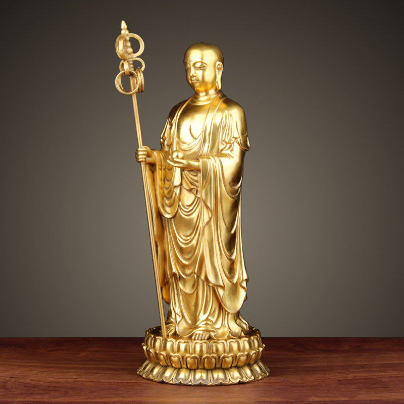 地藏王菩萨黄铜地藏王佛像摆件婆娑三圣铜像工艺品家用客厅装饰品
