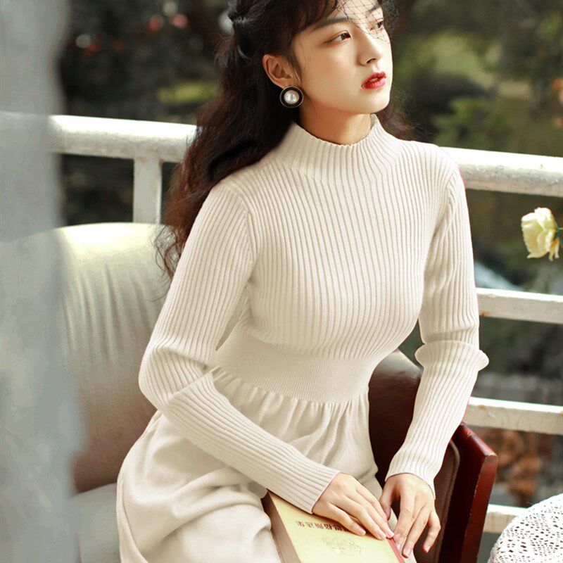 红色过膝针织连衣裙女秋冬内搭收腰显瘦高领长袖中长款打底毛衣裙
