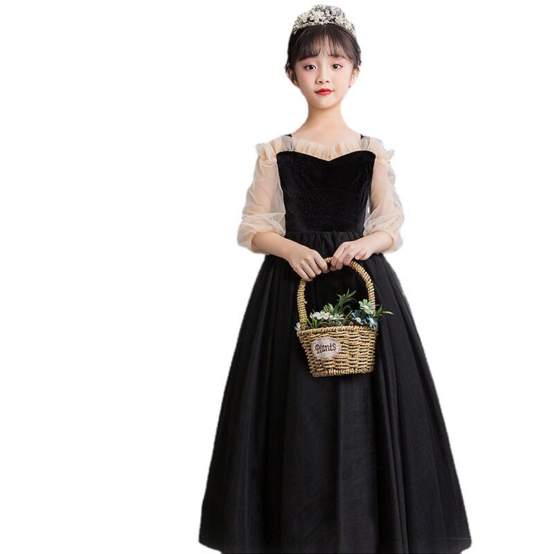 黑色高端长袖生日钢琴礼服女大童公主裙洋气2023新款小女孩表演服
