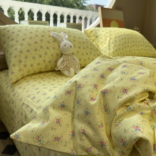 韩系奶黄色田园小碎花床上四件套全棉1.5m1.8宿舍被套床单三件套