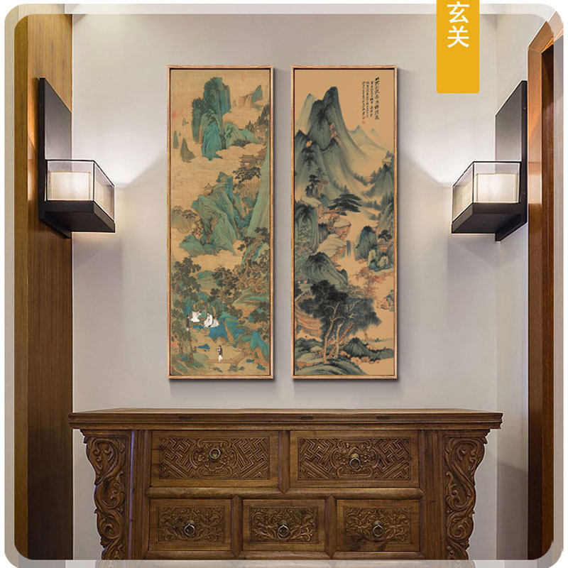 新中式入门玄关装饰画走廊竖版壁画山水水墨画书房餐厅挂画听琴图