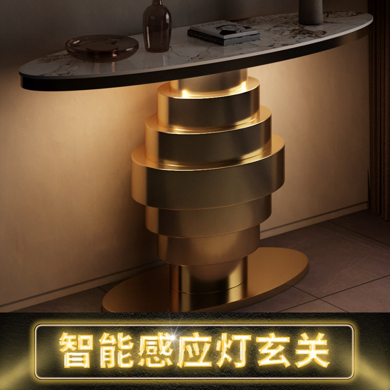 现代轻奢玄关桌子靠墙端景台亮光香槟金不锈钢玄关台家用客厅条案
