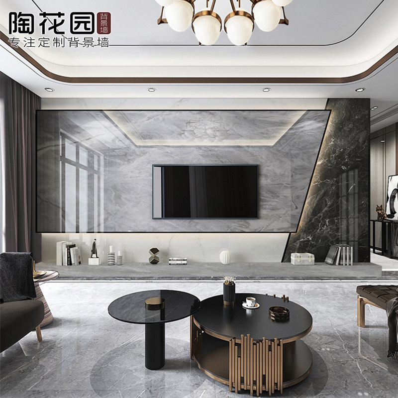 悬空背景墙电视墙轻奢大理石材大板现代简约微晶石瓷砖客厅影视墙