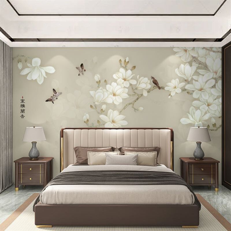 玉兰花鸟背景墙壁布现代简约墙纸新中式客厅沙发卧室壁画壁纸墙布
