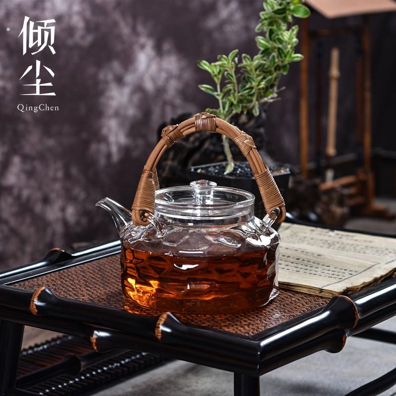 水立方玻璃壶手工藤编提手耐高温茶壶水壶提梁壶煮茶壶水壶泡茶器