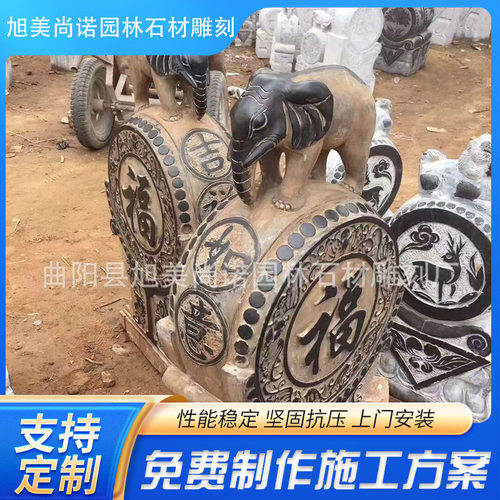 仿古青石石雕门鼓抱鼓狮子头摆件