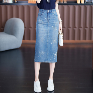 烟花烫钻牛仔半身裙女2026夏季薄款高腰显瘦后开叉百搭A字中长裙