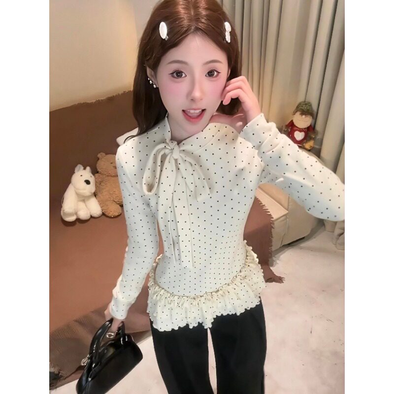 韩系甜美风波点蝴蝶结系带长袖T恤女春秋季修身显瘦花边下摆上衣